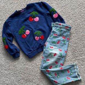 Mini Boden Cherry Embroidered Blue Sweater and Lola and the Boys Jeans Set